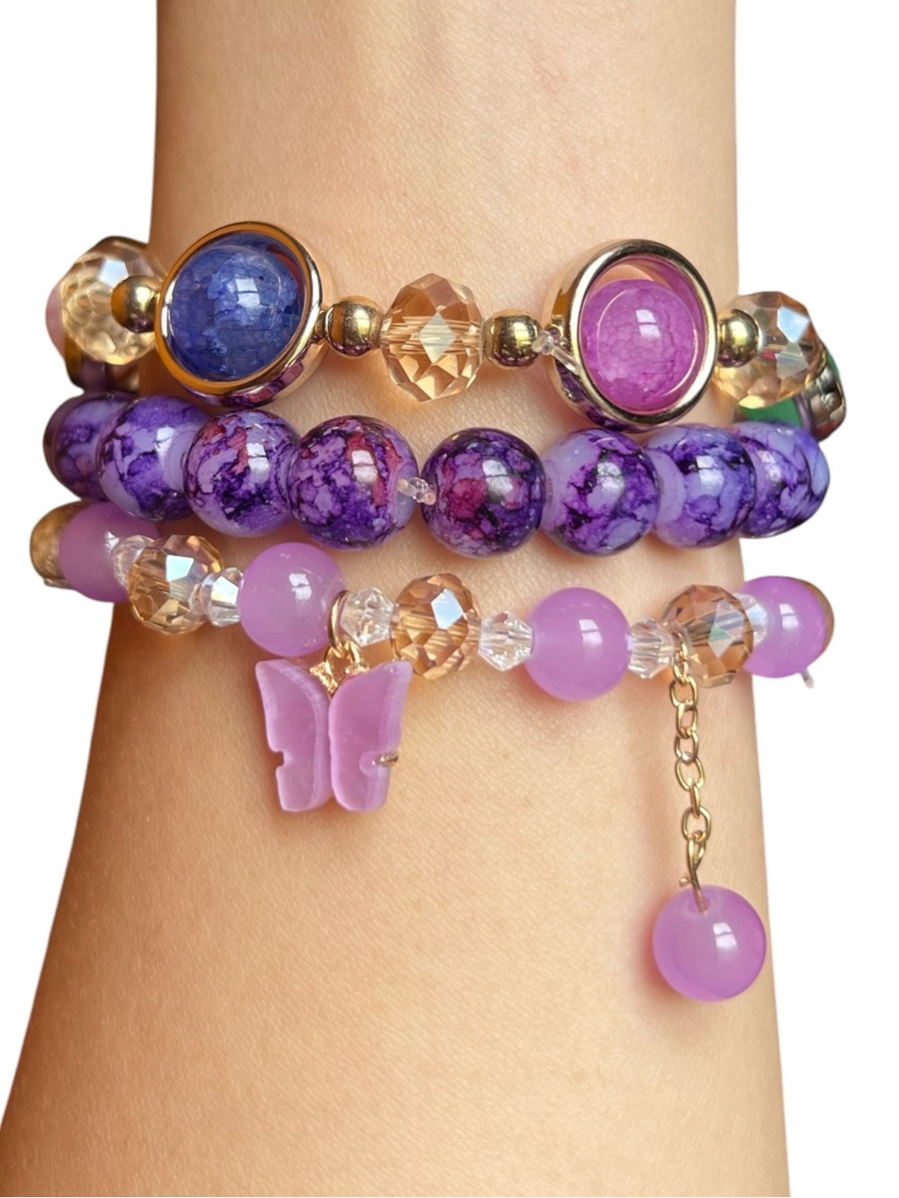 Purple Butterfly Charm Beaded 3 Pieces Stretch Bracelet Set NWOT